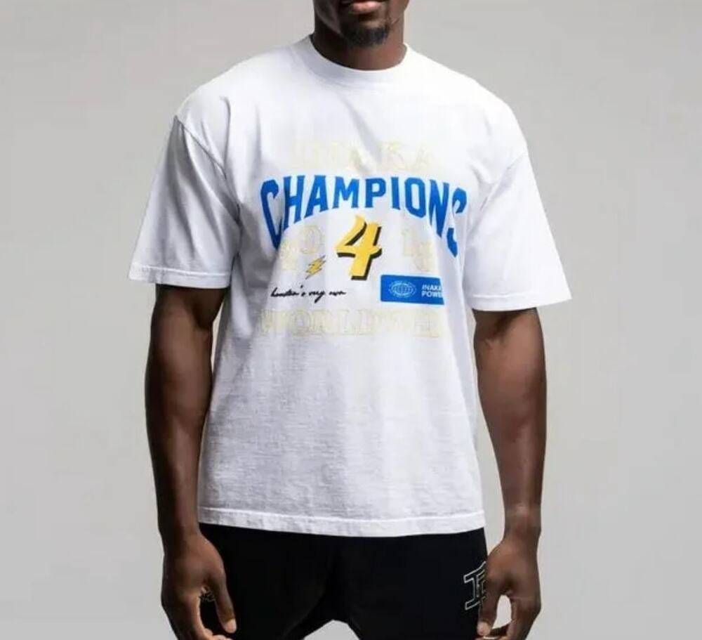 Inaka Power Champions Worldwide blue yellow lifting athletic gym t-shirt large